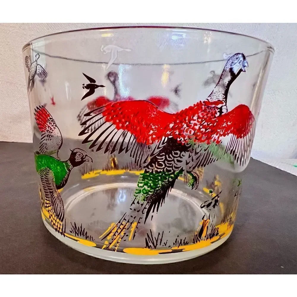 Vintage MCM Hazel Atlas Pheasant Hunters Dogs Ice Snack Bowl Glassware Barware